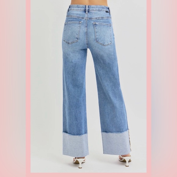 Risen Chic Light Blue Wide Leg Jeans with chuffed bottoms w/ light distress 9/29 - Picture 4 of 10